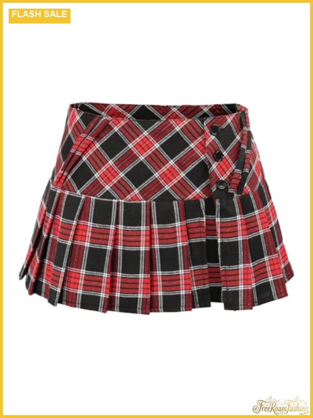 Mini Plaid Pleated Skirt Low Waist Side Slit Button Closure